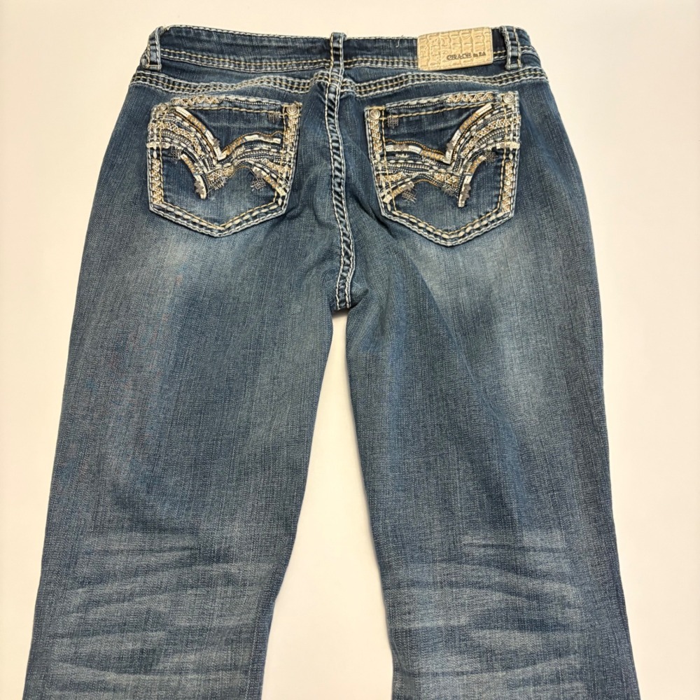 Grace in LA Bootcut Jeans Womens 32 Blue Embellished Pocket Western EB73408
